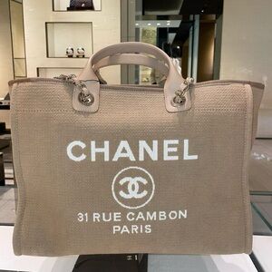 Chanel Beige Canvas Tote with White Accents